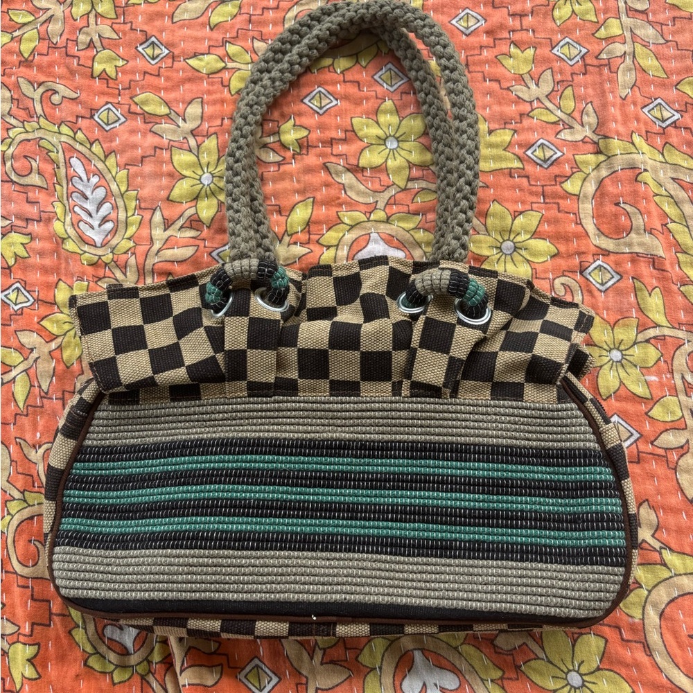 Stylish Brown and Green Checkered Handbag by Lily Excellent Condition